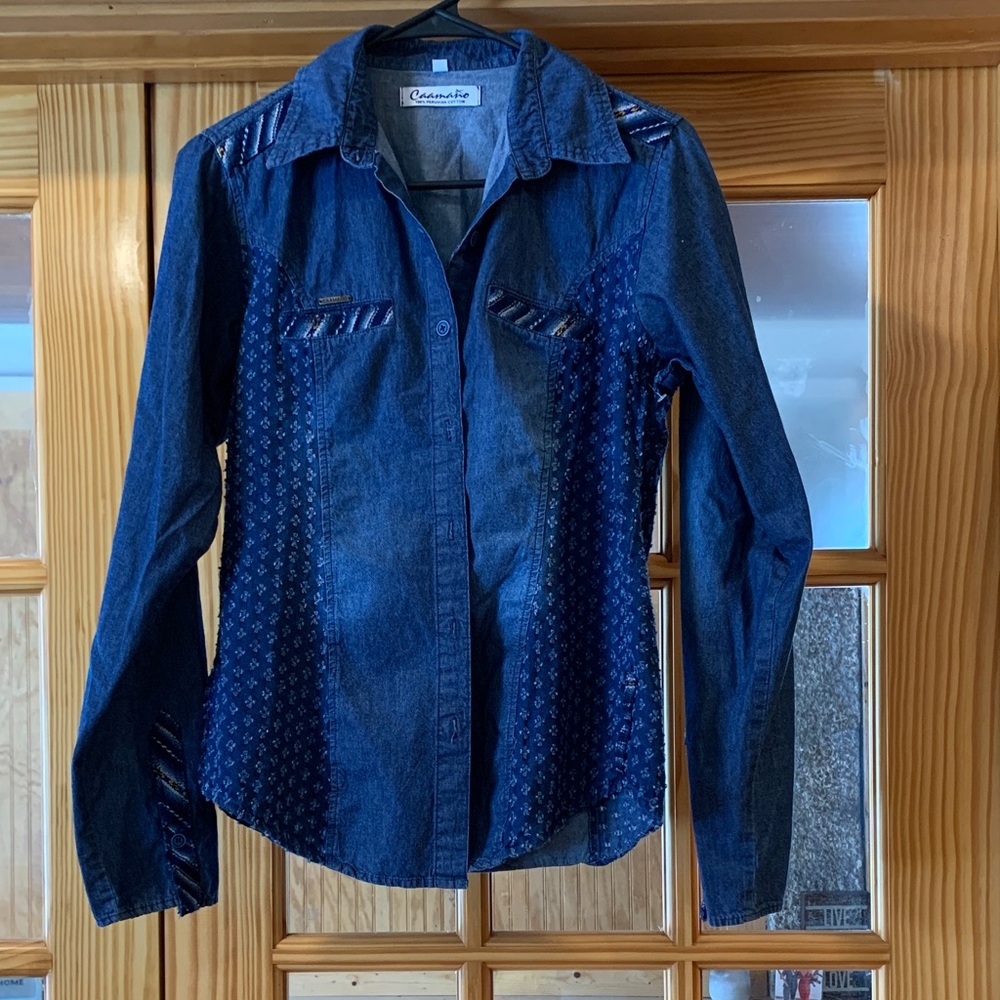 Women's Caamano 100% Peruvian Cotton Western Denim Button Down Top Blouse M